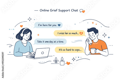 Online grief support chat. Two people exchange heartfelt messages in a calming, private digital space, with abstract dots and soft lines floating around to