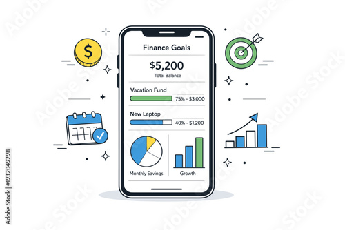 Digital finance planning. A smartphone displaying a finance app with savings goals and simple charts, modern and reassuring. Floating icons suggest tracking
