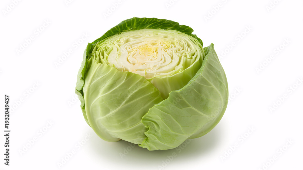 Fototapeta premium Fresh cut cabbage with green leaves on white background