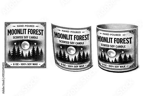 Candle jar label. A rectangular candle jar label with typographic hierarchy and border details is shown from three different angles: front view, slight curve