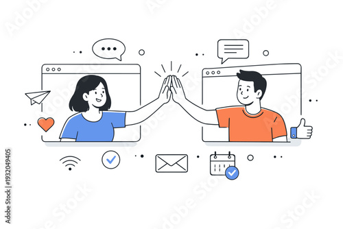 High five remote team. Team members giving a virtual high five through video call screens, symbolizing connection at a distance. Dialog windows and icons float