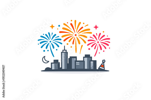Fireworks displays for New Year?s Eve celebrations captured as colorful bursts rising above a simple city skyline, expressing joy, renewal, and