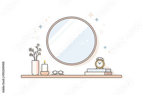 Mirrors without faces. Mirror on a simple wall reflecting soft daylight, no person in frame. Calm domestic mood with a touch of introspective stillness.