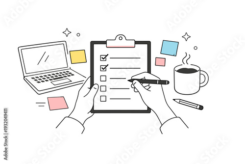 Morning task planning illustration. A person reviewing a checklist with sticky notes, coffee cup, and laptop nearby, showing calm focus and