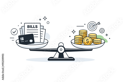 Financial wellness graphics ? debt awareness and balance. Scales balancing bills and coins, with clean icons and abstract shapes creating visual harmony.