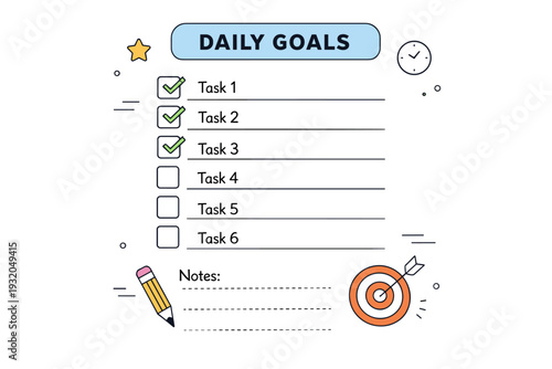 Daily goal-setting checklists. Abstract checklist layout with neatly aligned tasks and clear checkboxes, showing structure and achievable progress. The scene