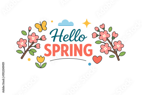 Hello Spring concept modern greeting composition with blooming branches and floating decorative accents, capturing joy, freshness, and seasonal energy.