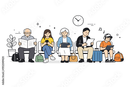 Multigenerational public scenes in waiting areas. People of different generations sit quietly with bags, phones, or documents, each focused on their own