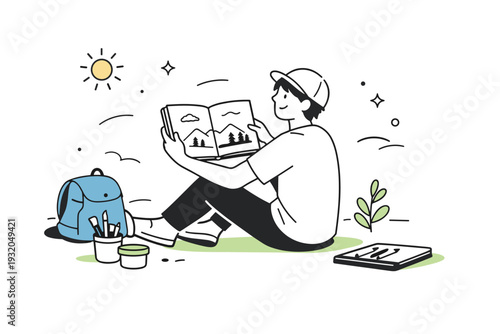 Outdoor art and sketching. Finishing a sketch outside, artist reviewing their drawing with a relaxed, satisfied posture. Quiet creative wrap-up with open space