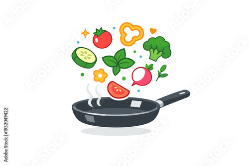 Spring cooking with a pan and bright vegetables gently floating above it, suggesting lightness and creativity in seasonal recipes. The scene communicates joy,