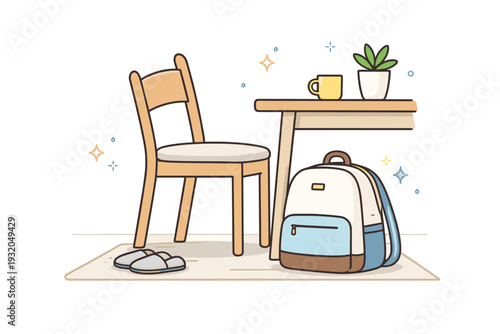 Bags resting on floors indoors. A bag is placed neatly beside a chair or table, showing quiet organization and routine. Soft domestic or interior atmosphere.