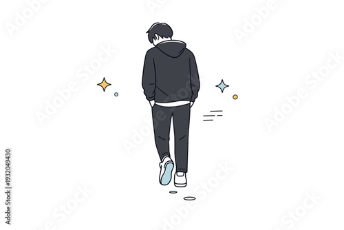 Looking down walking. Rear view of a person walking away with head slightly bowed. Subtle transition, leaving softly, understated narrative moment. Minimalist