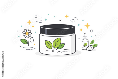 Herbal cosmetics mockup. A simple cream jar with leaf illustrations and soft decorative dots around. Natural ingredients focus and gentle self-care mood,