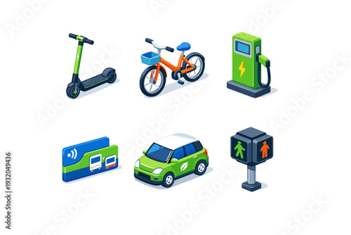 Eco transportation. Isometric flat vector icons set of eco transportation: electric scooter, city bicycle, electric car charger, public transit card, car
