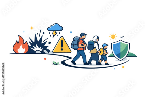 Refugees fleeing disaster shown walking along a simple path away from abstract hazard symbols, conveying escape, protection, and the search for stability.