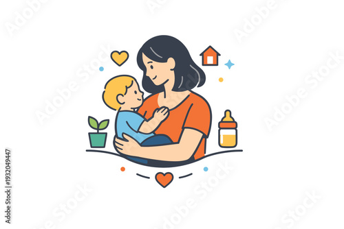 Motherhood lifestyle compact editorial badge with mother and child figures arranged in harmony, communicating care, balance, and modern family life. Minimalist