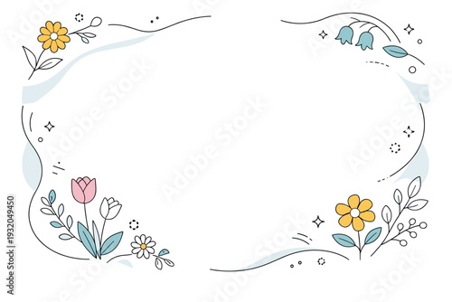 Modern spring festival greeting background. Abstract floral elements and curved shapes forming a soft frame with space for text. Calm editorial atmosphere with