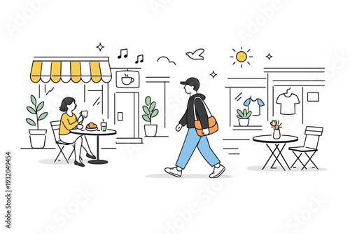 Spring urban exploration walks. A relaxed sidewalk cafe moment with a person passing by storefronts, plants, and small tables. Gentle city life, seasonal