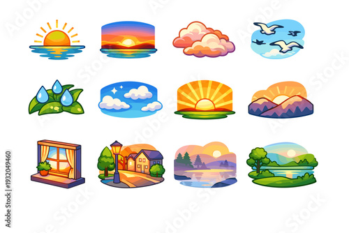 Dawn. Colorful isometric vector icons set of dawn: rising sun, horizon glow, morning clouds, birds flying, dew drops, calm sky, sun rays, soft mountains, early