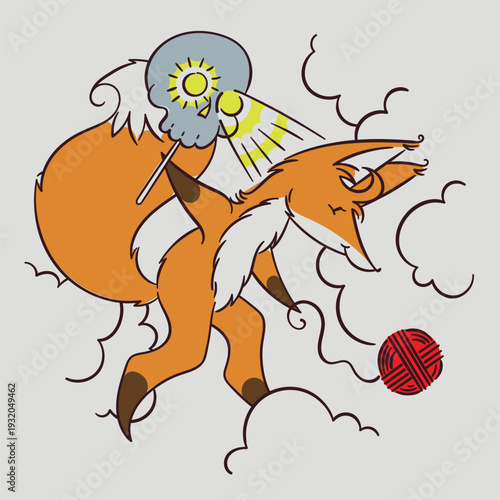 An old Slavic fairy tale. The story of a girl who found her way through the forest using an enchanted ball of yarn, illuminating the way with a magic skull. A cartoon fox drawn in a simple outline