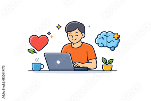 Freelancer mental health awareness focused individual working peacefully with subtle heart and mind icons nearby, conveying self care, awareness and emotional