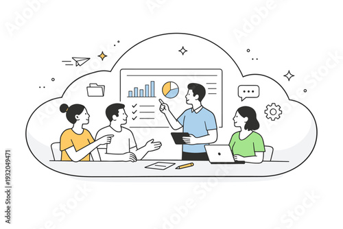 Cloud collaboration. A team reviewing a shared dashboard inside a large transparent cloud, making decisions together. Open access and collective focus.