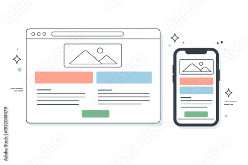 Web design. Abstract browser window with responsive layouts for desktop and mobile shown side by side. Calm modern composition highlighting adaptability and