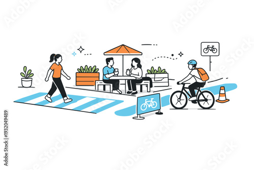 Tactical urbanism street improvements. A clear editorial icon-style scene showing temporary city changes like painted crosswalks and planters. Simple geometric