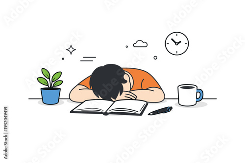 Everyday boredom realism. Person resting their head on a desk, notebook open but untouched, soft window light casting calm shadows. Gentle depiction of mundane