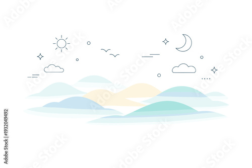 Fog and mist backgrounds. Editorial-style abstract composition with layered haze-like forms and soft contours, evoking early morning calm. Peaceful mood with