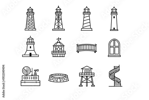 Lighthouse architecture. Line icon set of Lighthouse architecture: stone lighthouse, steel lighthouse, lighthouse with stripes, narrow lighthouse, wide base