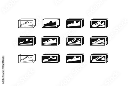 Storing shoes in clear boxes for visibility. Icon set. Set Logo of Storing shoes in clear boxes for visibility: shoe inside transparent container outline.