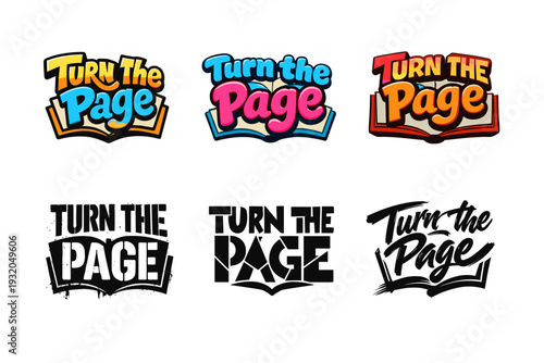 Turn the Page. Set lettering. harmonious lettering variations of the same emblematic concept, each with different artistic interpretation (Funky cartoon-style
