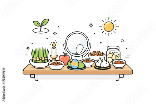 Compact apartment haft-seen. A small yet thoughtful Nowruz table setup on a shelf or side table with all seven S?s, floating icons for growth and light, cozy