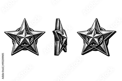 Commemorative star badge. A star-shaped commemorative badge is depicted in three views: flat front view, rotated side view, and three-quarter angled view,