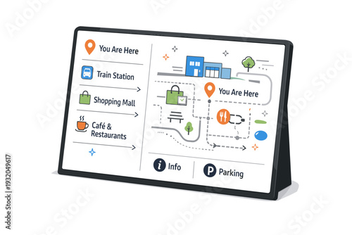 Public signage details. A wayfinding map panel in a public space, shown from an angle with icons and arrows. Focus on communication, clarity, and modern urban