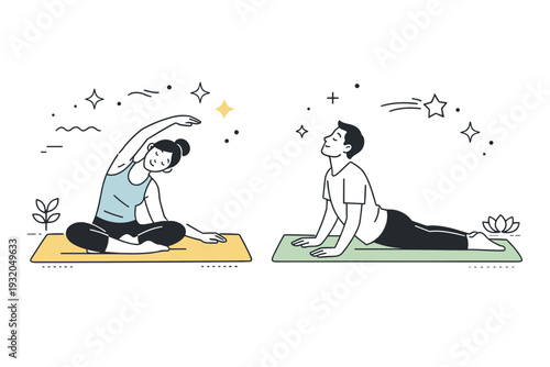 Morning yoga session. Two people stretch on yoga mats in a bright, airy room with abstract stars and lines emphasizing calm, balance, and