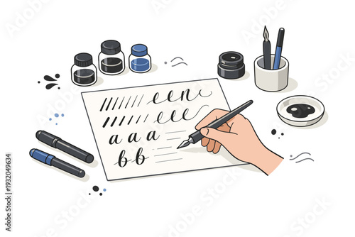 Mindful handwriting with calligraphy. A relaxed moment of practicing calligraphy or lettering strokes on thick paper, surrounded by pens and small ink jars.