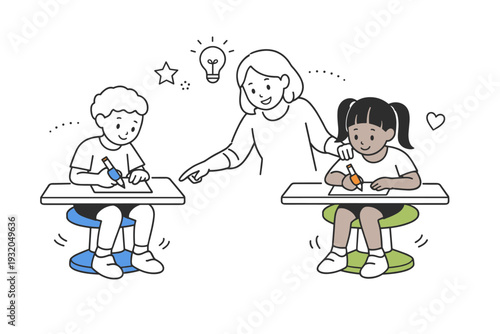 Inclusive tools in action. Teacher gently guiding students using sensory-friendly pencil grips and wobble stools during a writing activity.