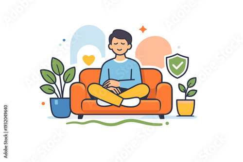 Therapy culture illustrated through a relaxed figure sitting on a couch with plants and calm abstract shapes nearby. The image reflects safety boundaries and