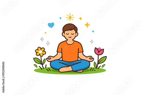 Spring relaxation a person practicing light meditation on grass with blooming plants and subtle sparkles, representing inner peace, balance, and emotional