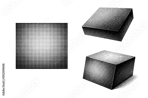 Dot grid pattern A single dot grid pattern object shown in three views including straight-on view, rotated view, and three-quarter angled view. Black and white