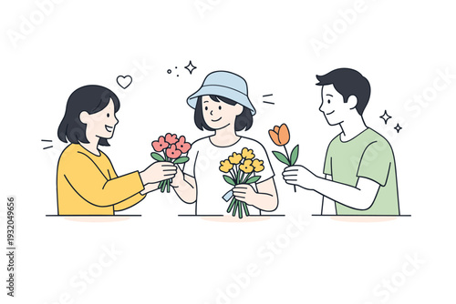 Friends exchanging flowers as a quiet celebration. Two or three friends share flowers between them, no crowd or noise. Soft happiness and understated joy.