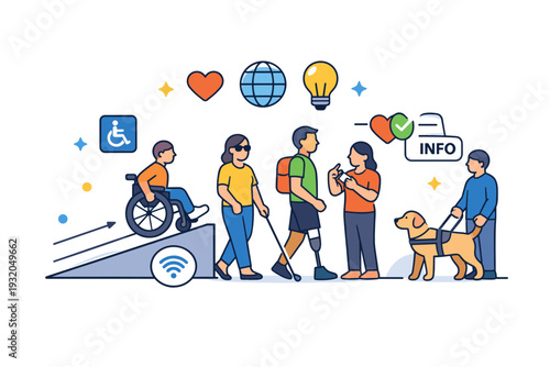 Accessibility awareness expressed through diverse human figures navigating a shared space with ramps, icons, and supportive symbols, conveying inclusion,