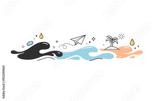 Liquid ink motion illustration. Soft drops and waves of ink flowing naturally, suggesting seamless scene changes. Clean editorial abstraction with gentle