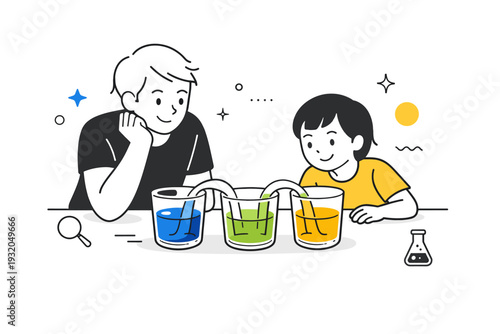DIY science at home. A parent and child observing colored water travel up paper towels in a capillary action experiment. Calm curiosity and shared exploration