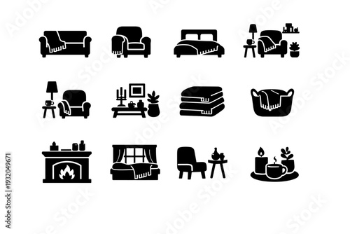 Blanket Fringe Home. Solid icon set of Blanket Fringe Home: sofa with blanket, armchair throw, bed throw blanket, cozy corner, reading nook, living room decor,