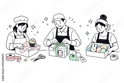 Packaging Easter treats. Staff carefully box decorated cupcakes and cookies with pastel ribbon and paper, floating stars and dots illustrating care and joyful