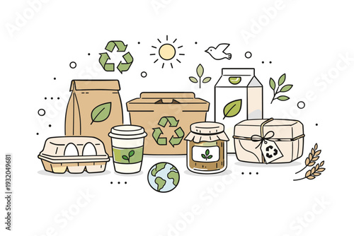 Sustainable food packaging illustration. Eco-friendly packages with recycling symbols and natural motifs, calm and responsible atmosphere. Modern editorial