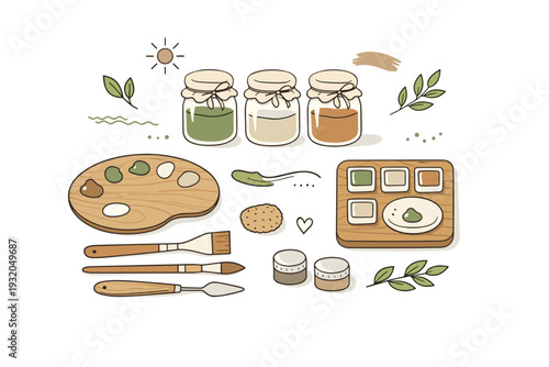 Eco-friendly paint and palettes. Natural paint jars, handmade palettes, and wooden tools displayed neatly, highlighting zero-waste studio choices. Calm scene